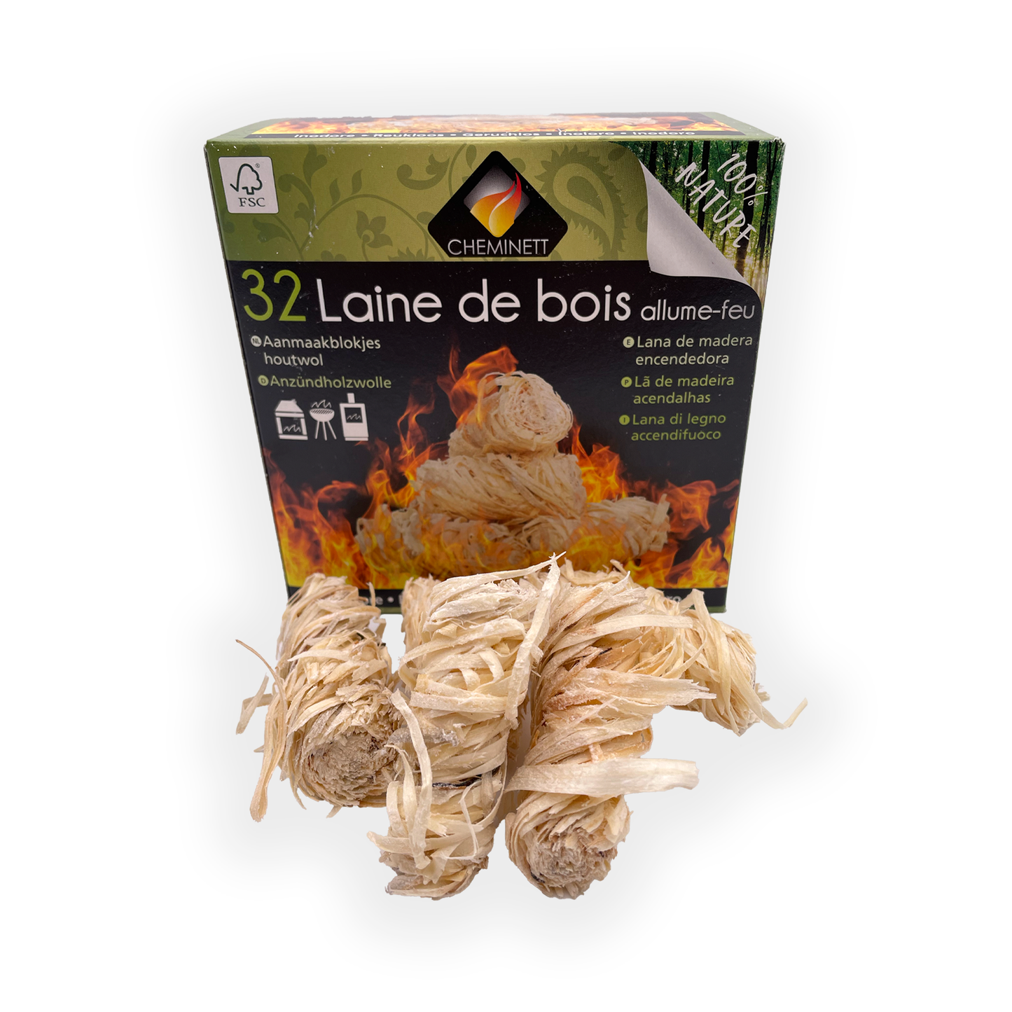 Allume Feu Laine de Bois 100% Naturel (x32)